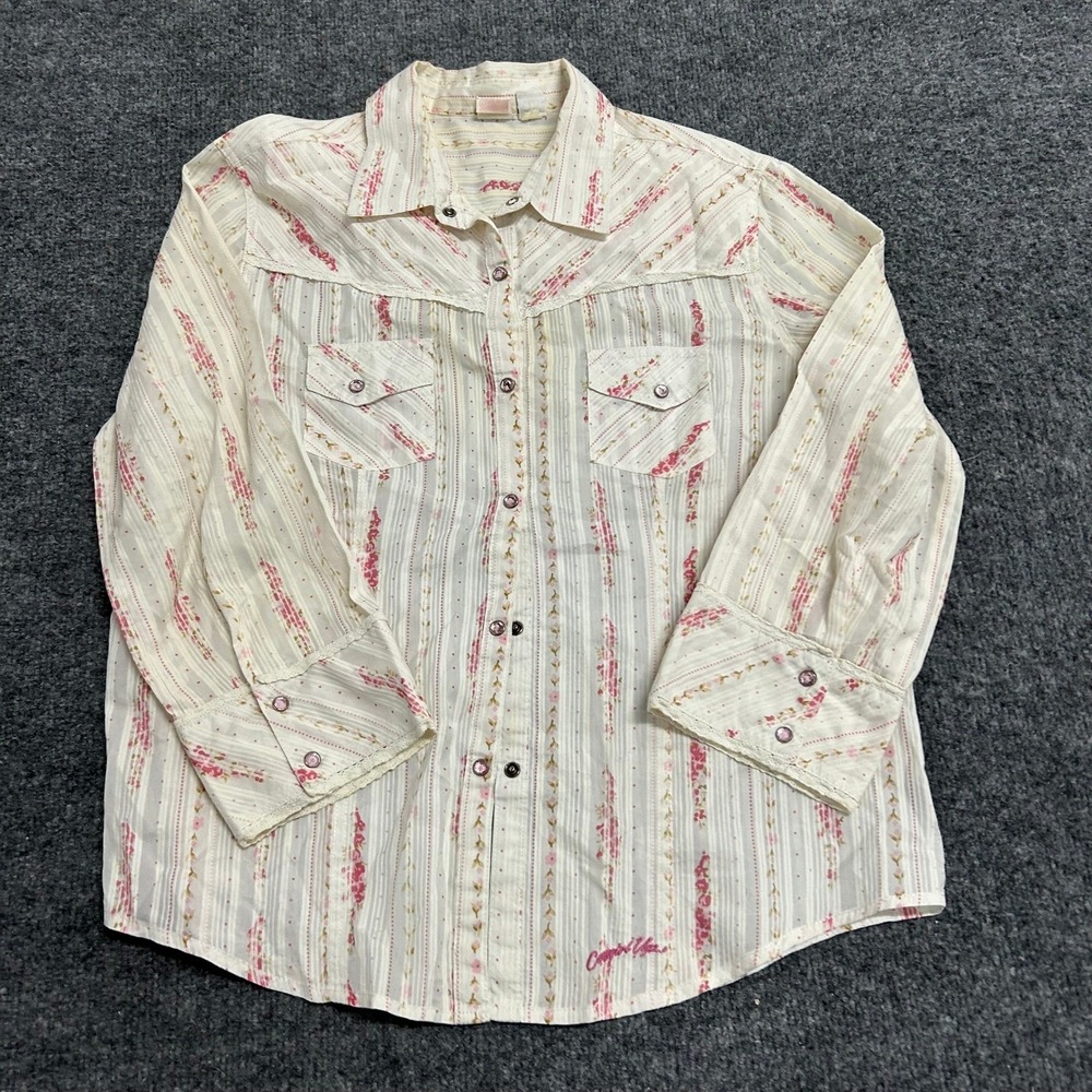 Cowgirl Up Shirt Womens XL White Pink Floral Stripe Cotton Western Snap Lace